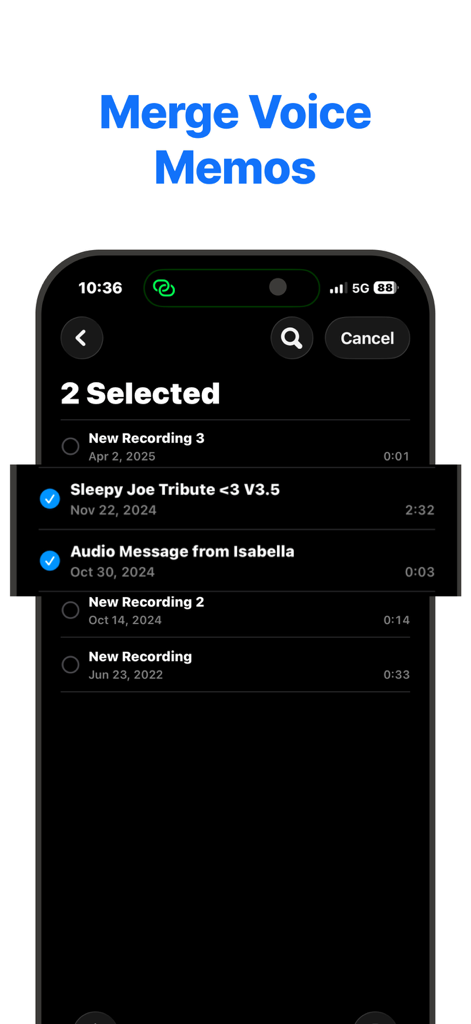 Merge Voice Memos & Combiner - Interface of Merge Voice Memos app showing two audio clips selected from a list for combining