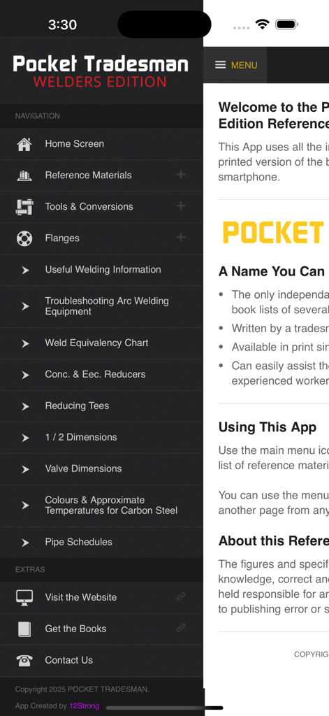 Pocket Welder - Main navigation menu of the Pocket Welder app showing welding reference materials and tool categories