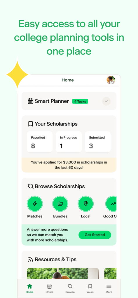 The home screen of the Going Merry Scholarships app featuring a college planning smart planner and scholarship progress tracker.
