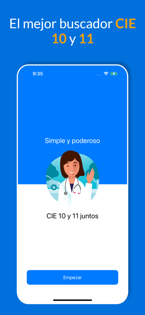 CIE 10 y 11 (Español) - Tela de boas-vindas do aplicativo CID 10 e 11 em português para profissionais de saúde, com ilustração de médico.