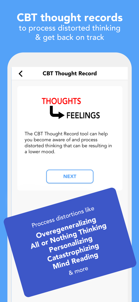 歪んだ思考を処理するためのCBT思考記録ツールを表示するMoodfitアプリのインターフェース
