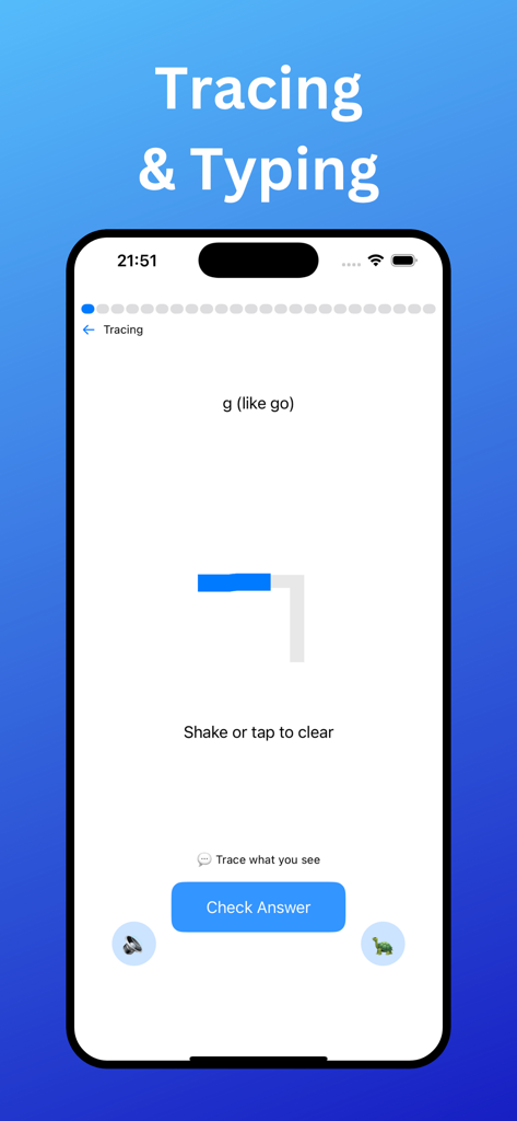 Mobile app interface showing an interactive Korean Hangul character tracing lesson