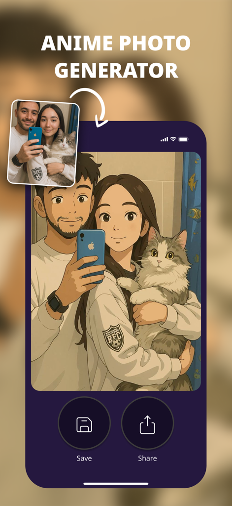 Una ilustración de estilo anime de una pareja y su gato generada a partir de una foto real usando la aplicación Cartoonify Picture.