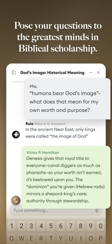 Rebind Study Bible - A chat interface in the Rebind app showing a user asking about God's image and receiving a cited scholarly answer