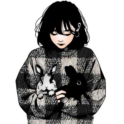 realistic girl with messy bunny baggy sweatshirt and holding bunnies