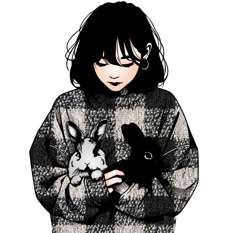 realistic girl with messy bunny baggy sweatshirt and holding bunnies