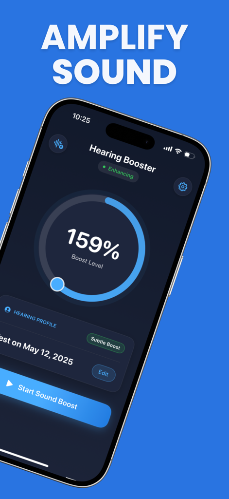Interface do aplicativo Hearing Aid Pro em um iPhone exibindo um nível de aumento de som de 159 por cento