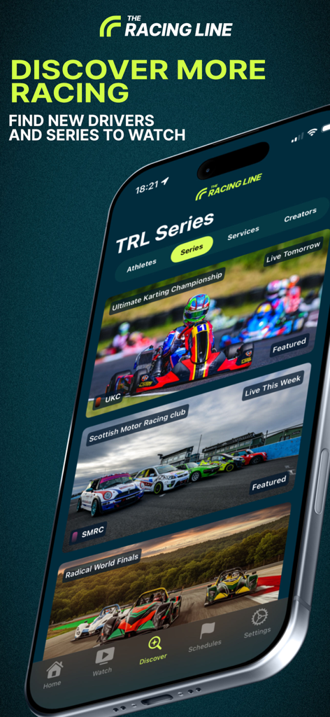 TheRacingLine: Racing Live TV - TheRacingLine app Discover screen showcasing different motorsport series including karting and club racing