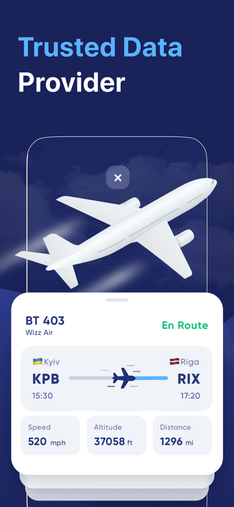 Flight Tracker & Radar - Real-time flight details showing flight path, speed, altitude, and distance between airports.