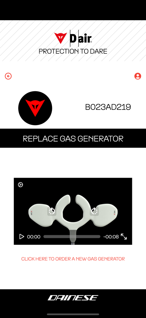 Dainese D-air ® - Dainese D-air App Benutzeroberfläche, die den Bildschirm zum Ersetzen des Gasgenerators mit Wartungsanweisungen zeigt.
