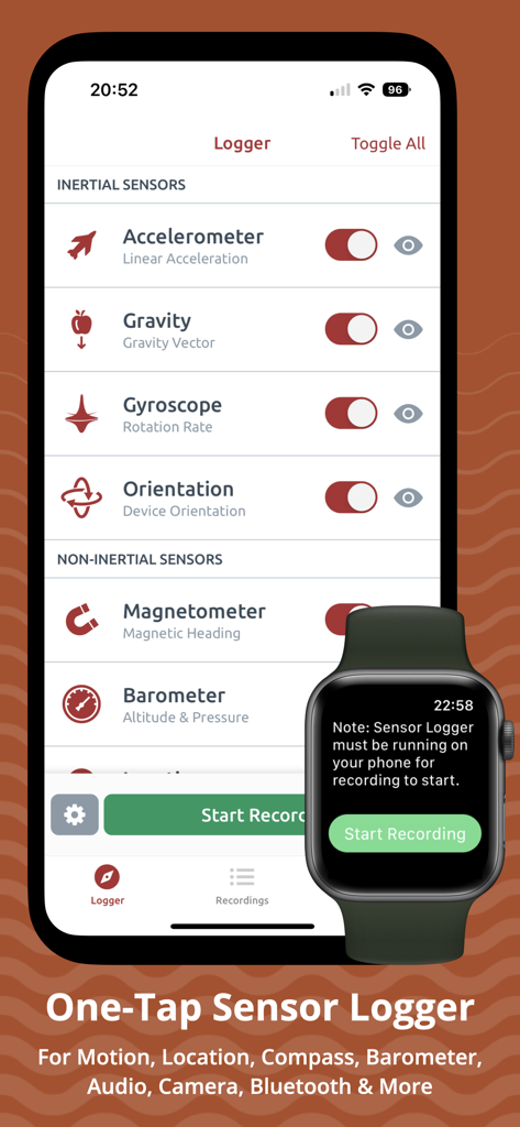 Sensor Logger app interface on iPhone and Apple Watch showing sensor toggles for accelerometer and gyroscope