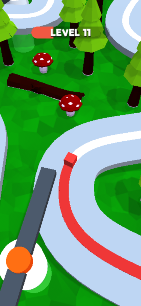 Cube Escape:Color Path - Cubo rojo navegando por un camino sinuoso en un entorno de bosque en el nivel 11