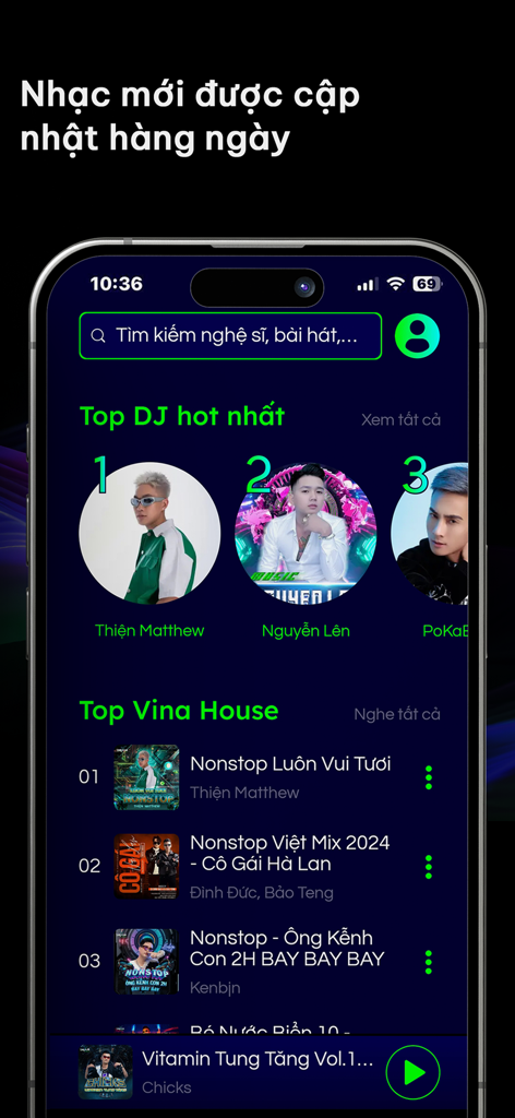Smartphone screen showing the Diijam app with top Vietnamese DJs and Vinahouse music playlists