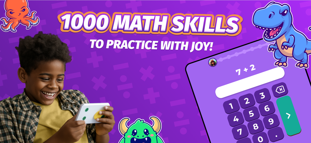 A smiling boy using the 99math app to practice addition facts with fun cartoon characters