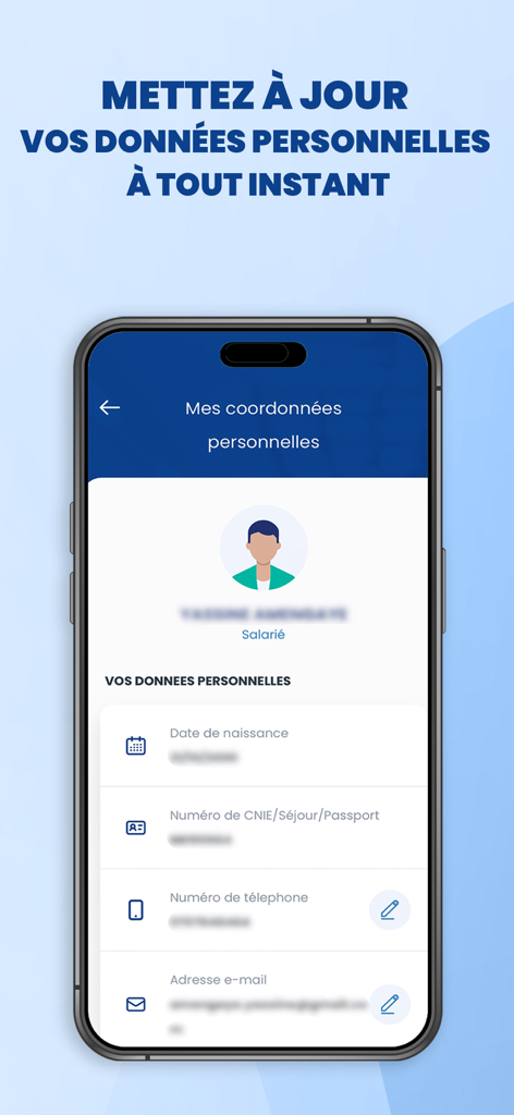Ma CNSS app interface showing personal profile details and options to update contact information