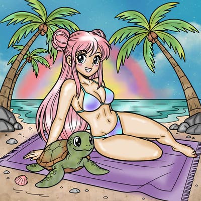 woman in no pattern bikini long hair and space buns relaxing on a tropical beach