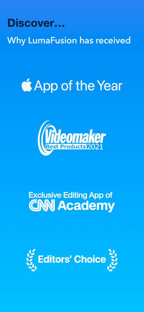 LumaFusion - LumaFusion app awards including Apple App of the Year and Editors Choice recognition.