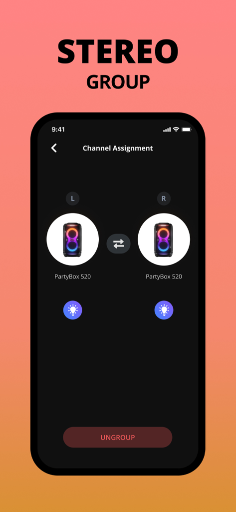 JBL PartyBox app interface for stereo channel assignment