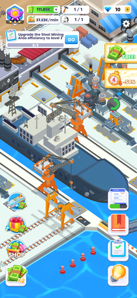 Ship Factory Tycoon - Ship Factory Tycoon gameplay showing a large ship under construction in a busy industrial shipyard with management interface