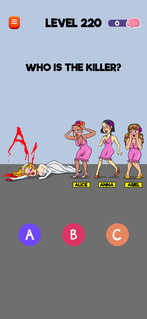 Riddle Test: Brain Teaser Game - A brain teaser puzzle level from Riddle Test game where the player must identify who is the killer of a bride from three suspects.