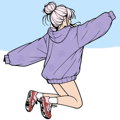 realistic girl jumping with a bun and oversized sweatshirt