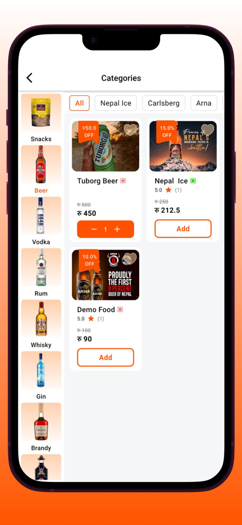 Mapasey - Interfaz de la aplicación móvil Mapasey que muestra categorías de licores y opciones de cerveza con descuento para entrega.