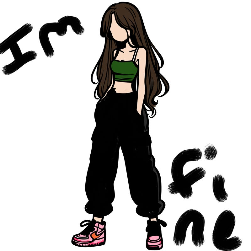 girl in baggy pants crop top and long hair