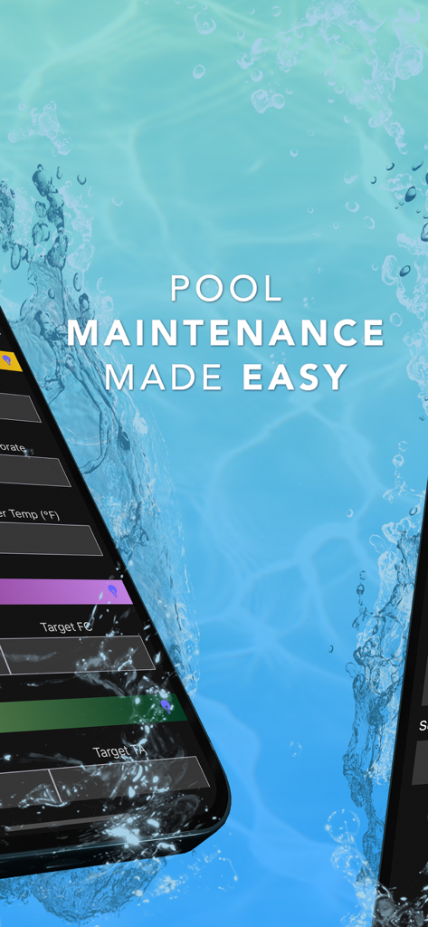 Pool Water Calculator - Pool Water Calculator app interface on a smartphone screen with clear blue water background and the text Pool Maintenance Made Easy.