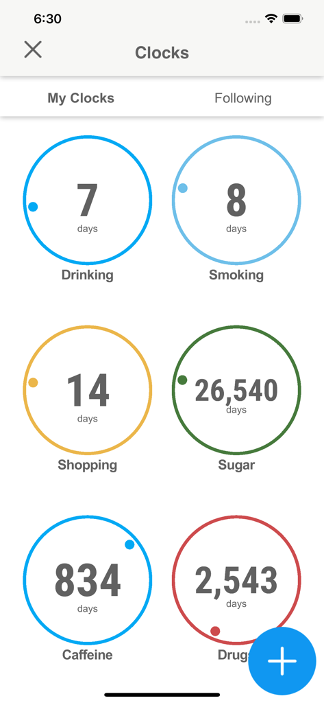 Nomo -  Sobriety Clocks - Nomo app dashboard displaying multiple sobriety clocks for different habits like drinking smoking and shopping