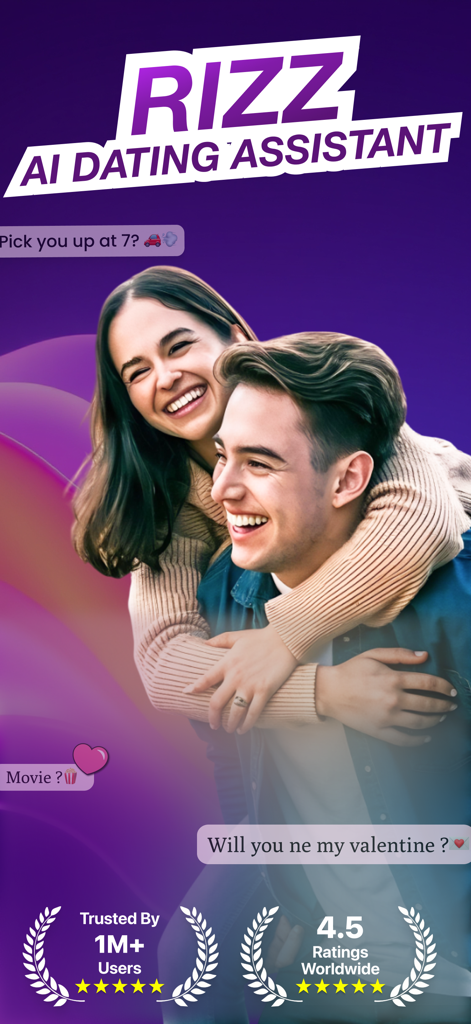 Promotional screen for the Rizz AI Dating Assistant app featuring a happy couple with chat examples and high user ratings.