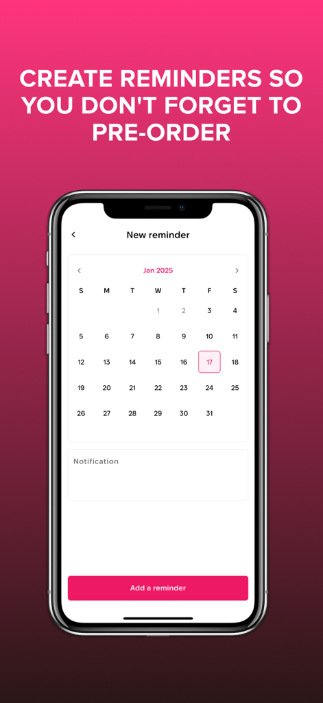 Bildschirm der MyDutyFree Mobile App zeigt eine Kalender-Oberfläche zum Erstellen einer Vorbestellungs-Erinnerung für internationale Reisen.