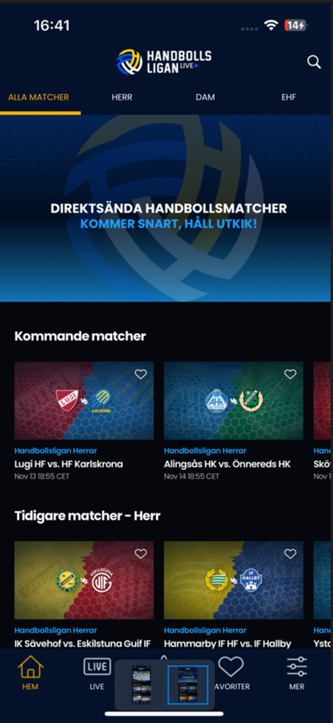 Handbollsligan Live - Handbollsligan Live mobile app interface showing upcoming and previous handball matches