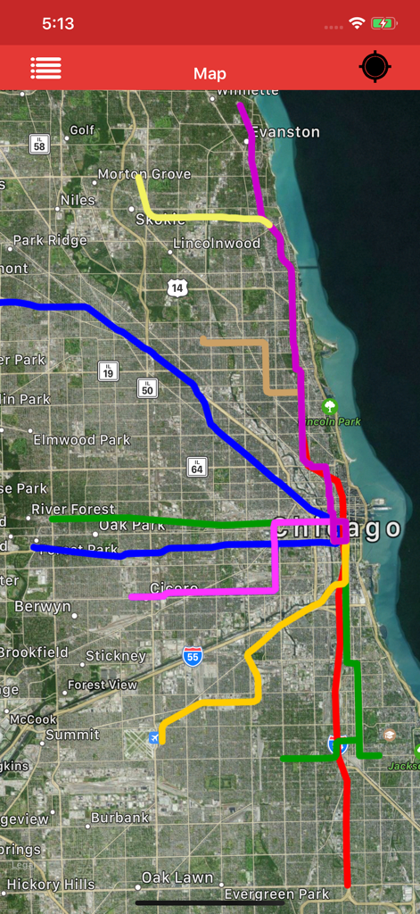 Kml Viewer-Kml Converter app - Vista satellitare della mappa con più sovrapposizioni di percorsi KML colorati che rappresentano dati su un'area urbana