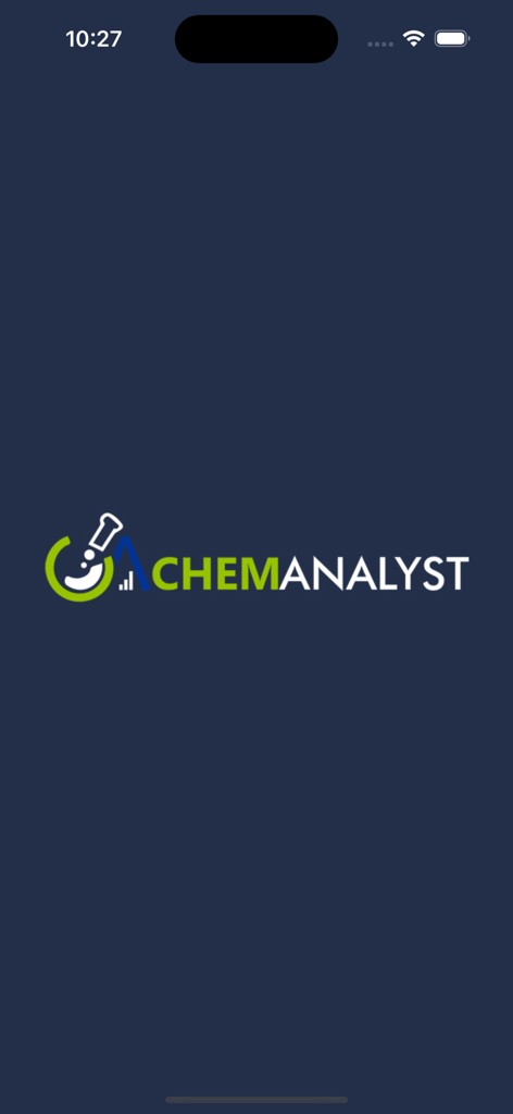 ChemAnalystアプリのスプラッシュスクリーン、ダークブルーの背景に会社のロゴ