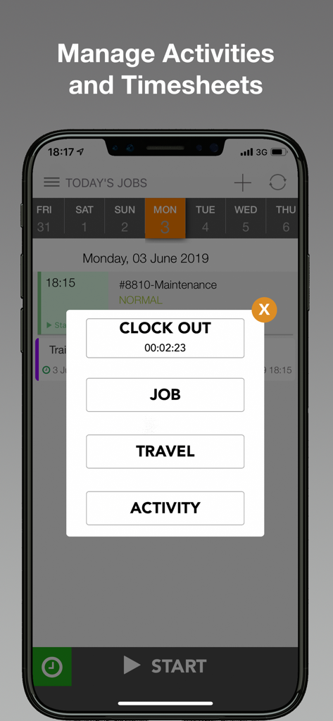 Synchroteam app screen showing options to manage daily activities, track jobs, and log timesheets.