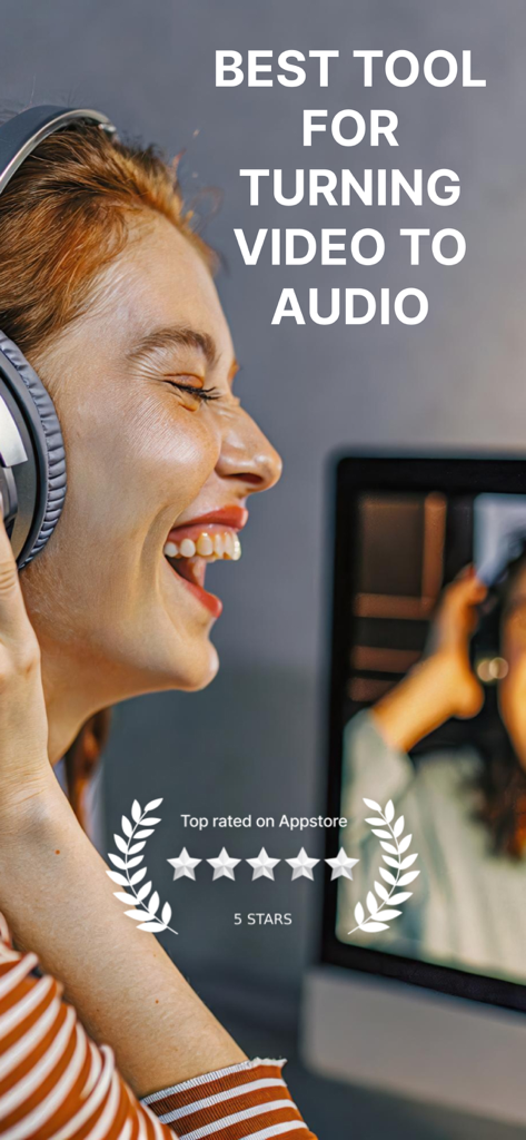 Video to Audio Sound Extractor - Happy woman with headphones using the video to audio extractor app with a five star rating badge