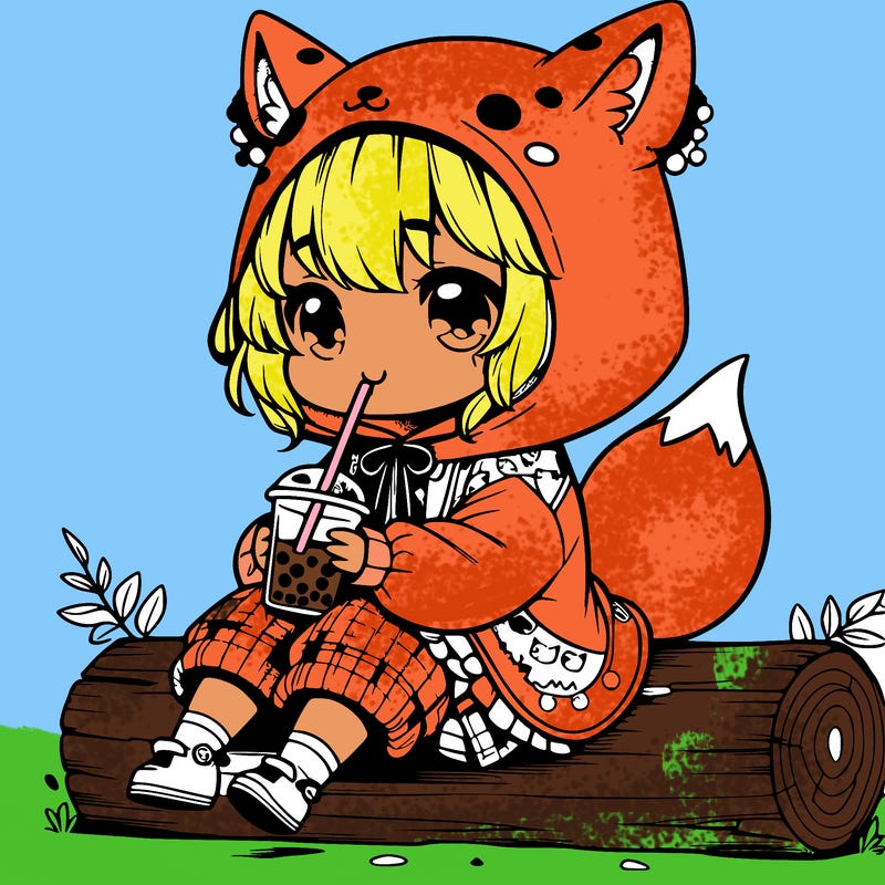a cute anime realistic girl who is wearing a cute fox onesie and is drinking boba sitting on a log