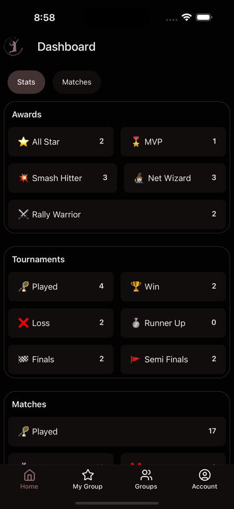 Badminton Score app dashboard showing player awards and tournament statistics