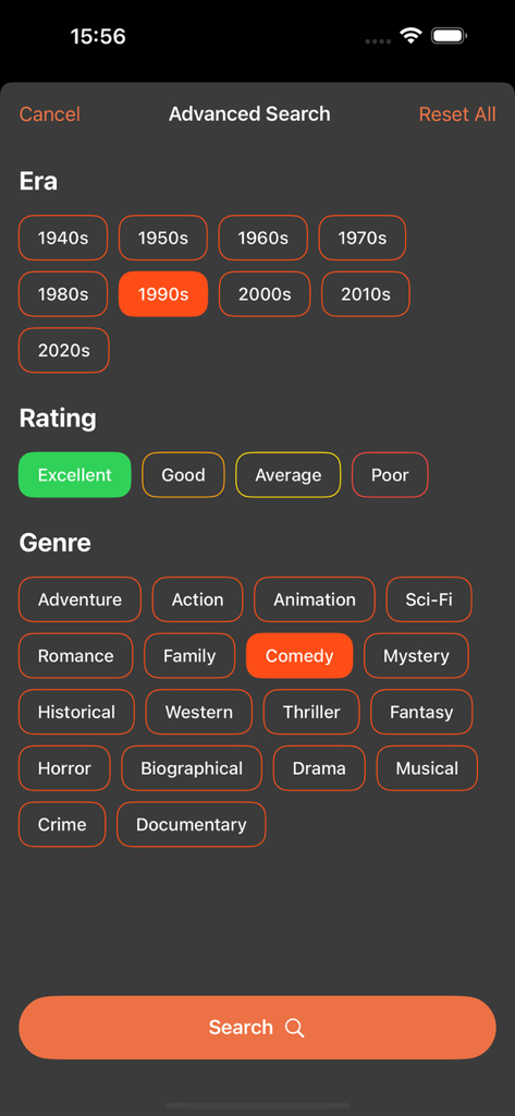 Advanced search screen with filters for era rating and genre