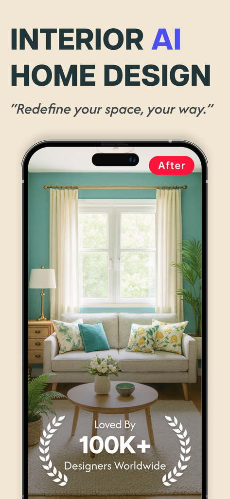 Interior AI Room Home Design - AI interior design app showing a modern living room redesign with teal walls and white furniture