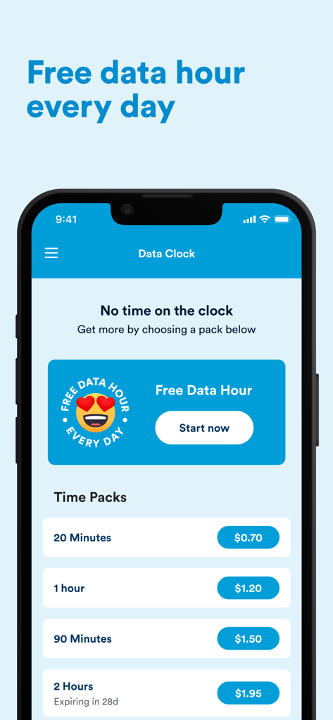 Interfaz de la aplicación Data Clock mostrando paquetes de datos móviles basados en el tiempo y una oferta de una hora diaria gratuita