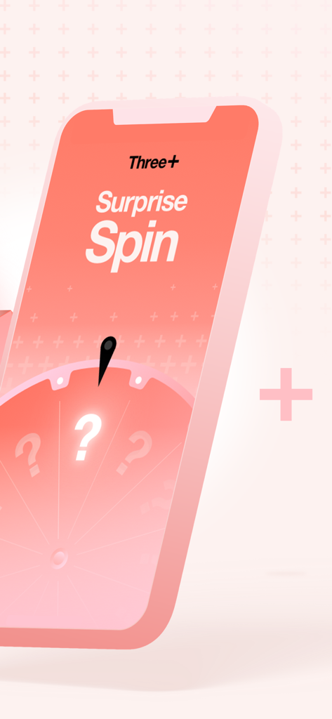 Three plus アプリのサプライズスピン特典を表示するスマートフォンの画面。