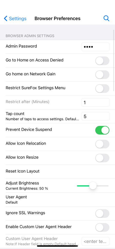 SureFox Kiosk Browser - SureFox admin settings menu for configuring kiosk browser security and display preferences