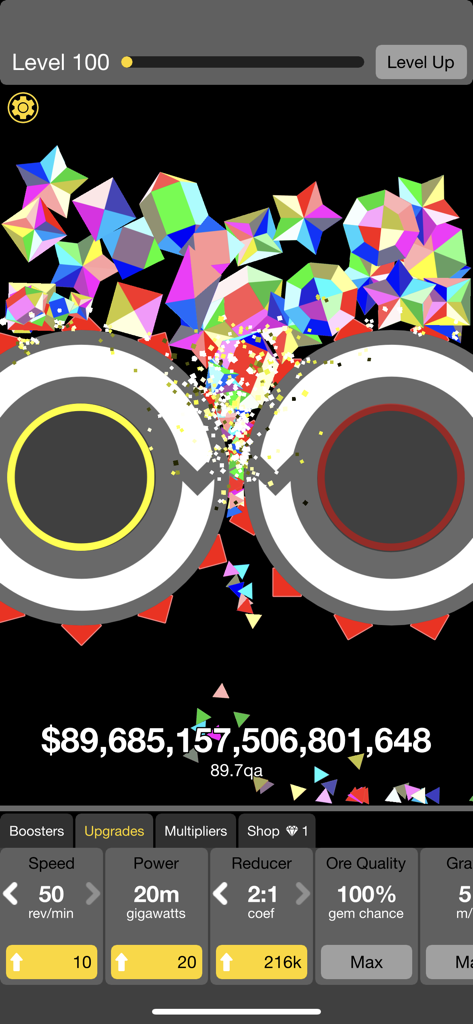 Gameplay of Will it Crush showing mechanical gears crushing colorful gems for currency