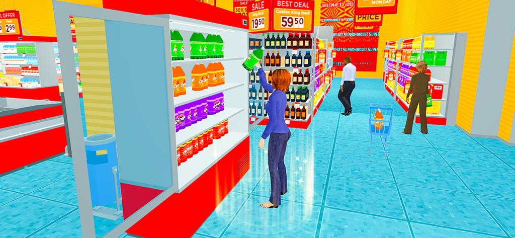 Landlord Mom Supermarket Game - Un personaje femenino recogiendo una botella de un estante de comestibles en un juego de simulación de supermercado brillante.