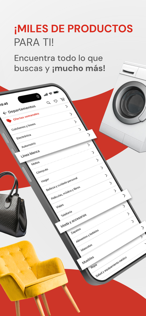 Elektra online shopping app interface showing product categories including appliances and furniture