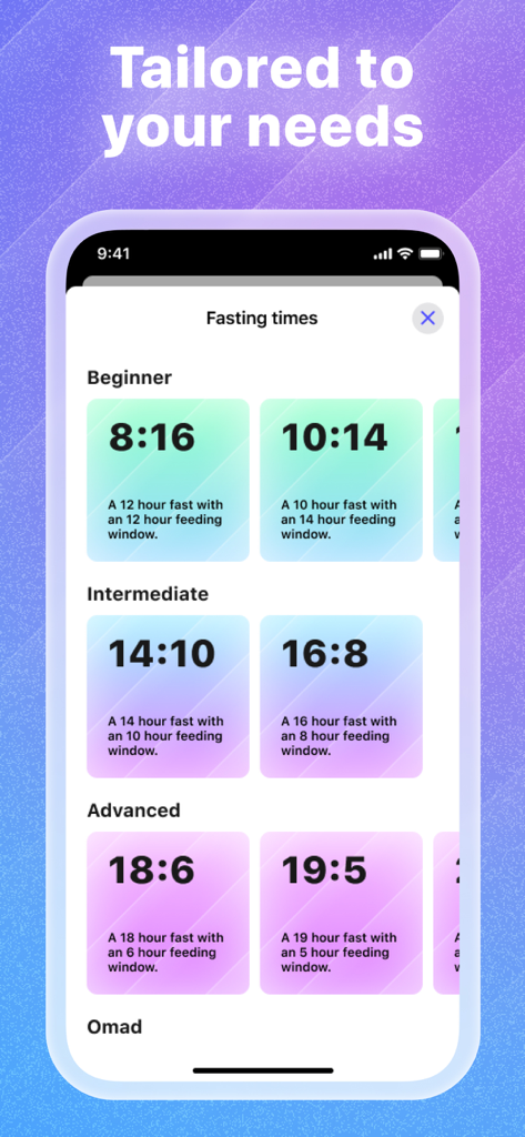 Interfaz de la aplicación Empty que muestra diferentes planes de ayuno intermitente para principiantes y usuarios avanzados