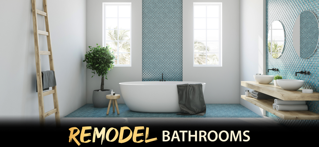My Home Design Luxury Makeover - A modern luxury bathroom featuring a freestanding white bathtub, blue textured tiles, and minimalist wooden decor from a home design game.