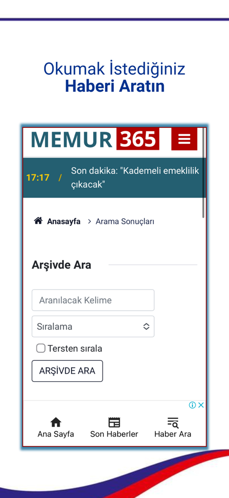 Memur 365, Kamu Personel Alımı - Search interface of the Memur 365 mobile app for Turkish government job news