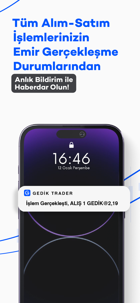 Gedik Trader - Smartphone lock screen showing a trade execution notification from the Gedik Trader app
